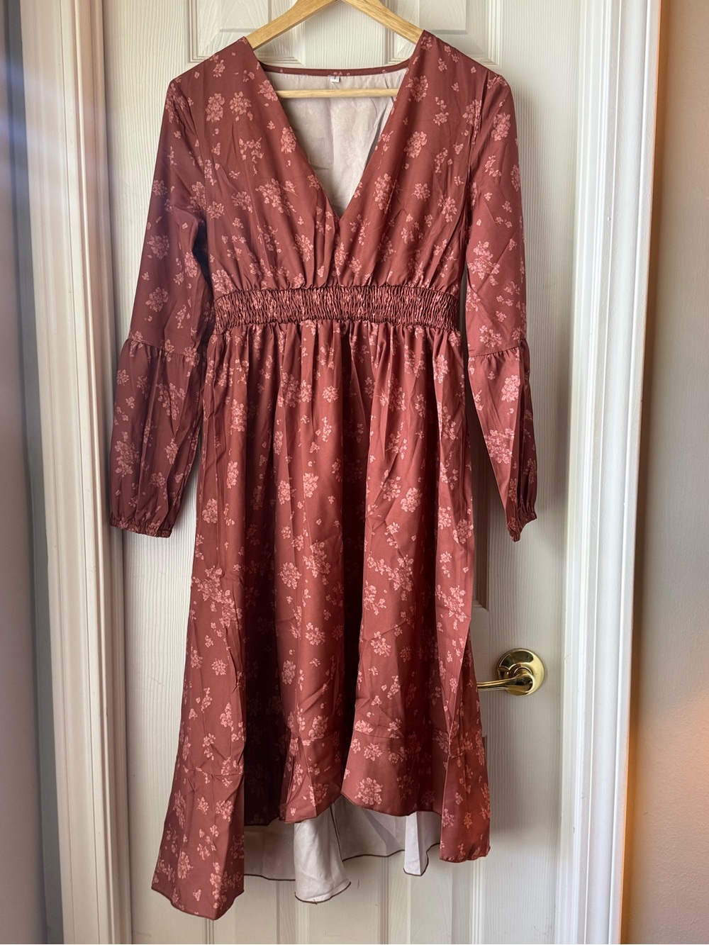 Rust Floral High-Low Cottagecore Dress with Smocked Waist
